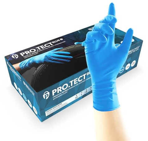 UNIGLOVES PRO.TECT Gants jetables en nitrile bleu, manchette étendue, gants en nitrile, taille S