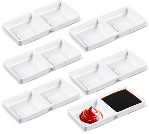 Gejoy 6 Pcs Dual Dipping Sauce Bowls Melamine Soy Sauce Dish Bowls Two Compartments Party Trays Divided Fondue Plates for Restaurant Kitchen Sushi Soy Sauce (White)