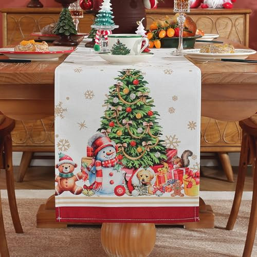 meioro Weihnachten Tischläufer für Home Decor, Schneeflocke Weihnachtsmann Polyester Tischwäsche, Rote Xams Tischdecke, Saisonale Herbst Tischdekoration für Esszimmer Party (Goldener Schnee,30x140 cm)