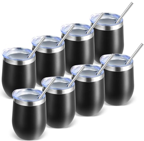 Volhoply 350 ml vinkopp i rostfritt stål med lock, bulk 8-pack, dubbelväggiga vakuumisolerade stjälklösa vinglas, återanvändbar resekaffemugg i metall med sugrör, isolerad kopp, presenter för kvinnor