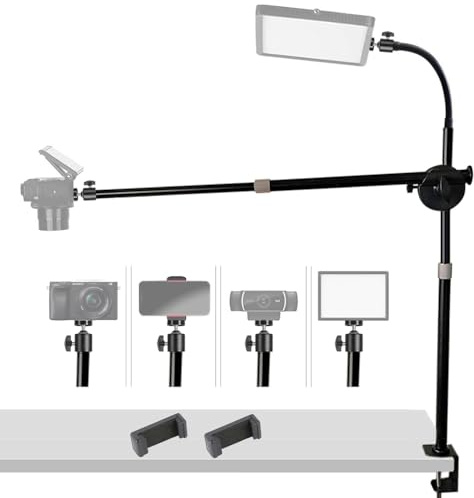Tentucro Supporto da tavolo per fotocamera con braccio di estensione girevole in testa, braccio a collo d'oca, morsetto a C, testa a sfera da 1/4, supporto per telefono, luce ad anello e webcam,