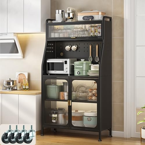 Fiutazge Küchenschrank 86cm, Sideboard mit Arbeitsplatte, Acryl-Türen & Lenkrollen, Metall Buffetschrank mit verstellbaren Ablagen, Industriestil Schrank für Küche Esszimmer Wohnzimmer,Weiß