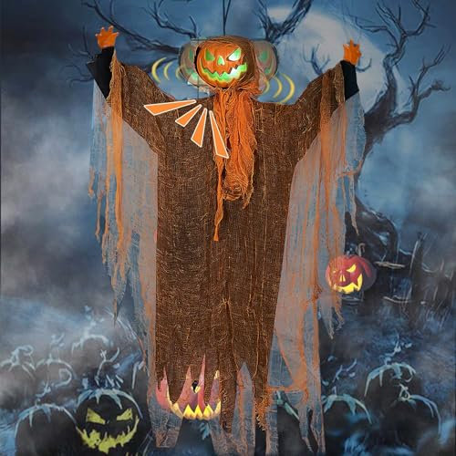 HUIKUANGEU Schüttelkopf Kürbiskopf Dekoration mit LED Licht,Hängende Laterne Kürbiskopf,Halloween Deko Outdoor,Halloween Deko Geister Baumstumpf für Vorgarten Patio Rasen
