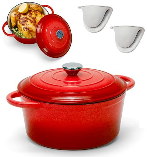 LEADKooKers Olla holandesa de hierro fundido esmaltado de 5 cuartos con tapa, doble asa para hornear pan, utensilios de cocina resistentes para estofar, guisos, asar (rojo)