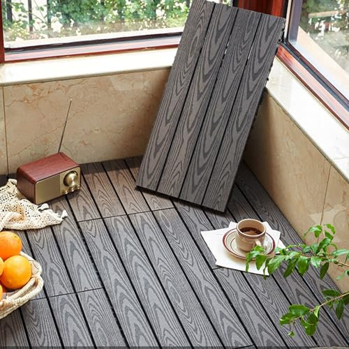 LXXW Wood-plastic interlocking floor tiles Composite Wood Decking Tiles, Cuttable Interlocking Drainage Flooring For Garden And Terrace, Rectangular Plastic Wood Flooring For Patio, Garden(Grey,6pcs)