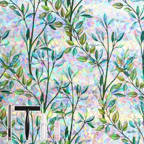 Conkov Window Privacy Film with Rainbow Effect, Electrostatic Adsorption, No Adhesive Bond,Decorative Film for Living Room Kitchen Office, Green Leaf Pattern, 30 x 200 cm with Tool