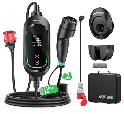 INFGO Mobile Wallbox 11kW [3-phasig, 8,1m, 6-16A], EV Charger mit Einstellbarer Ladeleistung & Timer-Funktion, Typ 2 Ladekabel CEE Stecker für Model Y/3, ID.3, i4, EQB, e-tron usw., Schwarz