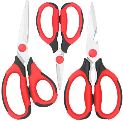 Vutyvve Kitchen Scissors, Sharp Stainless Steel Blades, Soft Grips, Multi-Purpose Heavy Duty Scissors Set, Red/Black, 3 Piece Set