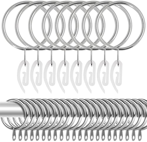 50 Pcs Metal Curtain Rings with Clips,38mm Curtain Rings and Hooks, With 50 White Plastic Hooks, For Drapery, Rods and Shower Hanging (silvery-wire diameter/30mm)