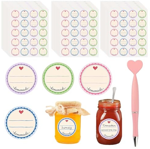 600 Stück Etiketten Selbstklebend, Einmachetiketten Selbstklebend mit Stift, Aufkleber zum Beschriften, 4 Farbe Dekorative Sticker, Küchen Klebeetiketten Partner für Gewürzgläser, Flaschen, Küche