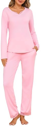 Jahetuul Pigiama Donna Manica Lunga Set di Pigiami da Donna Cotone Invernale Maglietta Scollo a V e Pantaloni Lunghi in Pizzo con Tasca Due Pezzi