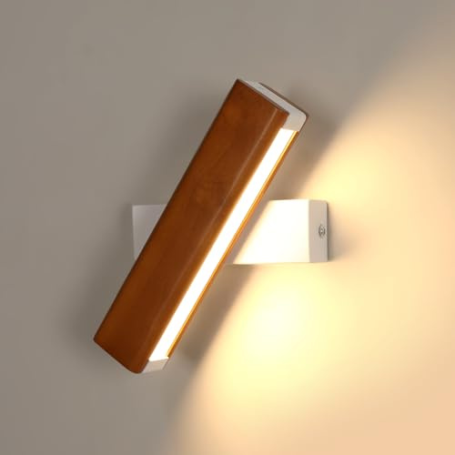 DELIPOP Moderne Wandleuchte LED mit 360° Drehbarer, 3000K Warmweiß Wandlampe Innen aus Holz, Wandbeleuchtung für Schlafzimmer Wohnzimmer Flur Treppenhaus
