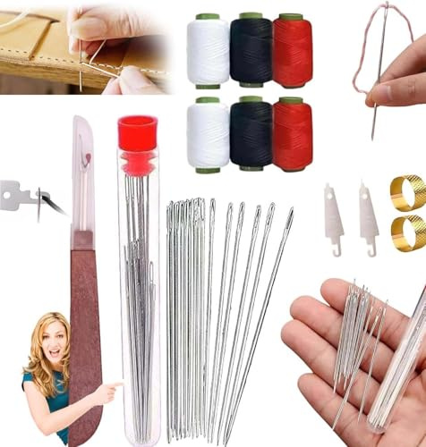 Juego De Herramientas De Costura De 37 Piezas,agujas de coser a mano, set de costura para manualidades DIY con agujas, hilo, enhebrador, descosedor y dedal (37 PCS)