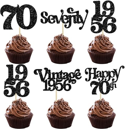 Gyufise 30Pcs 70th Birthday Cupcake Toppers Glitter Vintage 1956 Cheers to 70 Fabulous Seventy Cupcake Picks 70th Birthday Wedding Anniversary Party Cake Decorations Supplies Black