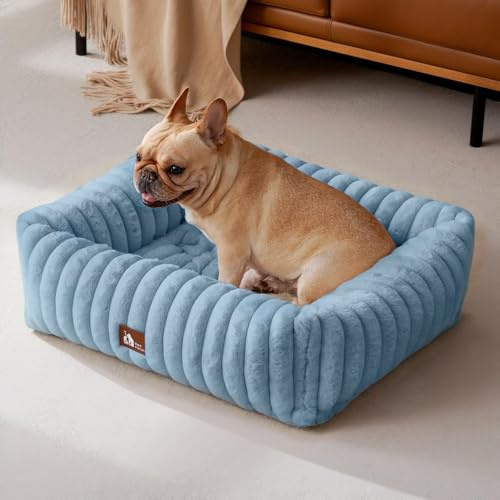 Upvilla Luxusweicher Hundekorb, Katzenbett, Super Weiches Hundebett kleine Hunde, 4-seitiges Nackenkissen, Abnehmbare Waschbare Hundematte, Hundesofa mit Griffen, Haustierbe (Blau, 64 * 53 * 18cm)