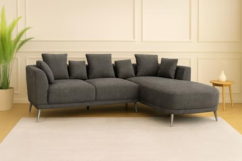 HAPPY SOFAS Kresta L Shaped Corner Sofa – Modern Linen Fabric Chaise Sofa with Cushions & Deep Foam Seating – Spacious and Comfortable Corner Sofa - Perfect for Living Room, Bedroom, Office (Grey L)