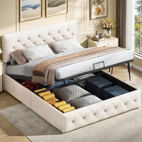 OLIVIBED Sängklädsel, säng 140 x 200, dubbelsäng med höjdjusterbar sänggavel och sänglåda, förvaringssäng med ribbotten, ungdomssäng, sängram av trä, sammet, beige, utan madrass