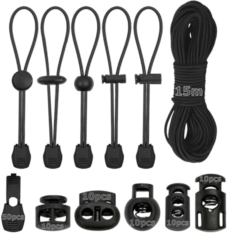 15M Cuerda Elástica 3mm, Cordón Elástico de Goma Redonda con 50 Topes de Cordón 50 Abrazadera de Cordón, Negro Cuerda Expansora para Mochila, Cordón, Ropa, Zapatos, Tendederos y Tiendas de Campaña.