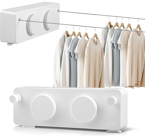 Tendedero Extensible Pared, con doble cable de acero inoxidable de 2 x 4,2 m, soporta hasta 20 kg, ahorra espacio y es ajustable, Cuerda Tendedero Retráctil para baño, balcón y lavadero(White)