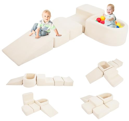COSTWAY Juego de 5 Bloques de Espuma Grande para Niños, Bloques de Espuma Psicomotricidad Blandos, Piscina de Pelotas, Trepar y Gatear, Soft Play Structures, 3 Años+ ([Pana],Beige)