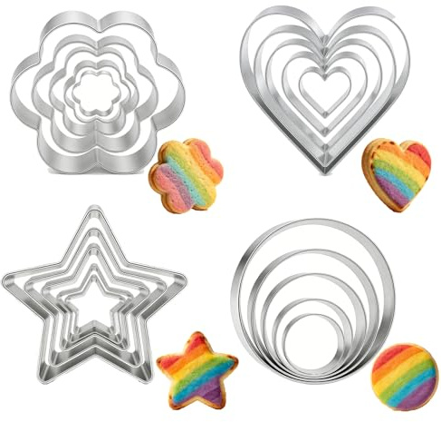 20Pcs Cookie Cutters Baking Set, 5Sizes Heart Flower Round Star Shape Biscuit Cutter Stainless Steel Molds Cookie Cutters for Kitchen Baking Birthday Christmas Party Supplies 4-8CM