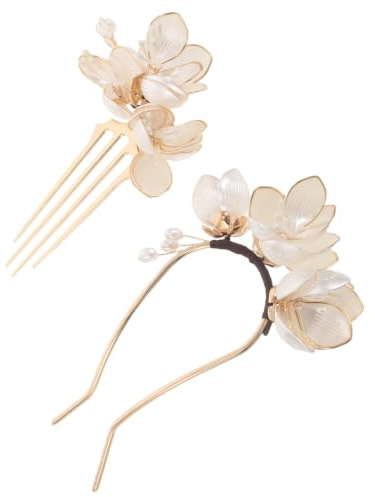 Hochzeitshaarnadeln mit Blumen 2 Stück U-förmig Metall Damen | Beige, Kunstharz und Metall, Vier Zinken, Fester Sitz für Dutt, Seitendrehungen