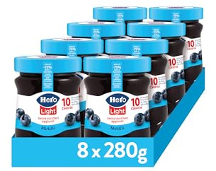 Hero Light Confettura di Mirtilli Senza Zuccheri Aggiunti, 8x280g | Marmellata light, confettura extra, pochissime calorie, frutta alta qualità, senza conservanti, senza coloranti, colazione