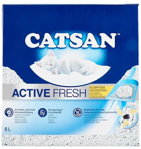 Catsan Active Fresh – Katzenstreu aus Naturton mit Aktivkohle – Effektive Bindung von Geruch und Feuchtigkeit – 1 x 8 Liter