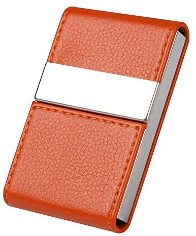 Flintronic Visitkortshållare, Mini PU-Kreditkortshållare, Smidigt ID-Fodral Rostfritt Stål för Män Kvinnor, Dubbel Öppen Magnetisk Spänne Håll Dina Företagskort Rena (Orange)