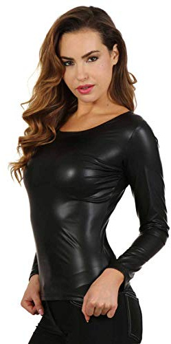 MISS NOIR Damen Langarmshirt in Lederoptik – Sexy Wetlook Top mit Rundhalsausschnitt Clubwear Party