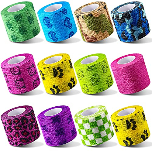12 Pieces 2 Inch Self Adhesive Bandage Vet Non Woven Elastic Cohesive Bandage Tattoo Supplies Grip Tape Athletic Tape Gauze Wrap for Sports, Wrist, Ankle and Pet Wrap (Animal and Camouflage)