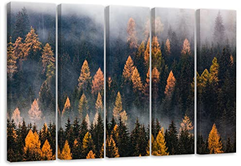 Feeby Wandbilder 200x100 cm Bäume Wald im Nebel 5 tlg Modern Leinwandbilder Bilder Bild auf Leinwand Design Wohnzimmer Schlafzimmer Flur Büro Hügel Natur Grün