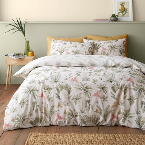 Catherine Lansfield Paradiso Palm Reversible Double Duvet Cover Set with Pillowcases Natural
