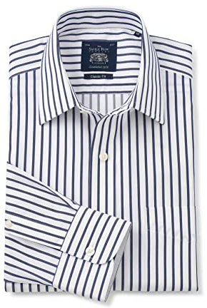 THE SAVILE ROW COMPANY LONDON Men's Classic Fit White Navy Stripe Twill Non-Iron Formal Dress Shirt - Single Cuff - 19.5 Collar - Standard Sleeve