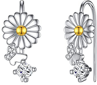 Gänseblümchen Ohrklemme 925 Sterling Silber Zirkon Ohrkletterer Ohrringe Fallen Hängend Ohrringe Blumen Ear Cuff für Damen Mädchen Knorpel Schmuck…