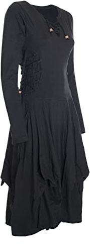Vishes - Alternative Bekleidung- Langes Langarm Damen Kleid Ballonkleid Bio-Baumwolle Einfarbig mit Schnürung V-Ausschnitt schwarz 38-40