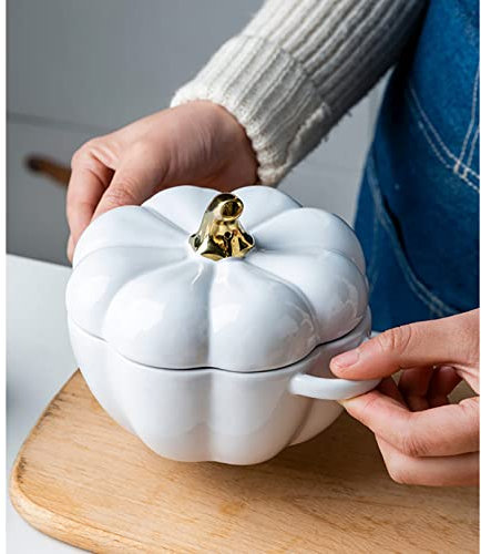 Cutfouwe Pumpkin Soup Bowl With Lid and Handles 16 Oz Ceramic Soup Bowls for Soup, Cereal and Stew, Ceramic Serving Bowl for Individual Soup Consumption,White