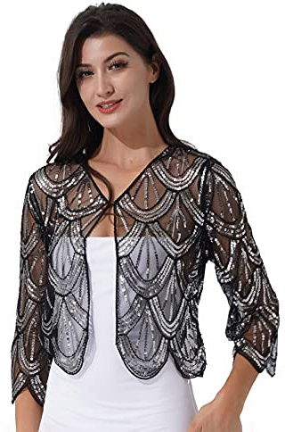 inhzoy Cardigan Corto Donna Coprispalle Elegante Bolero in Pizzo con Paillettes Giacca a Maniche Lunghe Accessori per Abiti da Sposa Sera Club Cocktail Cerimonia Matrimonio Argento Taglia Unica
