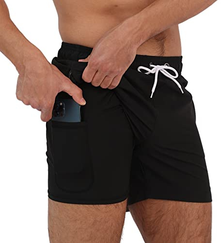 Arcweg badbyxor för män med kompressionsfoder, 2-i-1 snabbtorkande badshorts med fodrade boxershorts, stretchiga strandshorts med blixtlåsfickor, S – XXL, Svart, L