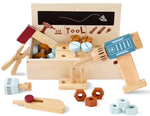 Little Log Werkzeugkoffer Kinder werkbank Holzspielzeug Werkzeugkasten mit Bohrer Rollenspiel Holzwerkzeugen konstruktionsspielzeug Geschenke für 3 jährige Jungen und Mädchen