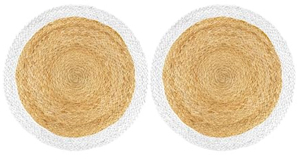 2 pz Tovaglietta Americana Rotonda in Juta, 2x Sottopiatto Tondo in Vimini Intrecciato Ø38 cm con Bordo Colorato Bianco