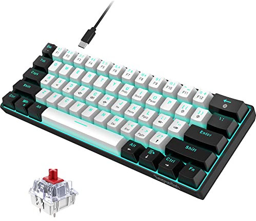 Snpurdiri 60% Wired Mechanical Gaming Keyboard, Ice Blue LED Backlit 61 Keys Mini Wired Office Keyboard for Windows Laptop PC Mac (Black-White, Red Switches)