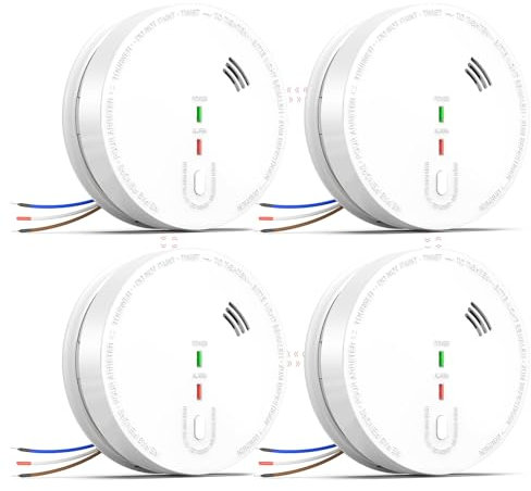 Andyssey GS517A Wired Smoke Alarm Mains powered, Interlinked Mains Smoke Detector 1 Year Replaceable Battery Back-up, Fire Alarm with Silence Button, EN 14604 Standard (4-PACK)