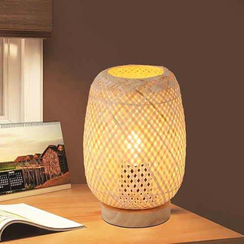 SUNLLOK Boho Nachttischlampe mit Holz Sockel, Retro Rattan Lampe Kleine Tischlampe für Schlafzimmer, Industrial Bambus Lampenschirml leselampe Tisch Lampen Deko für Wohnzimmer, Kinderzimmer, Büro