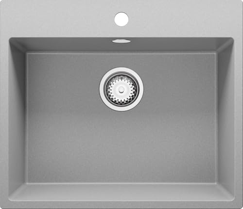 PRIMAGRAN Fregadero Cocina al Mueble 60cm + Kit de desagüe, 58x50cm | Set: Kit de desagüe (sifón, válvula, rebosadero) + Riga 1 Seno Granito, Gris