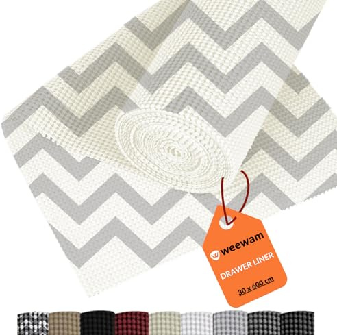 Weewam EVA kökslåda, 30 cm x 600 cm, rullskyddslådor, halkfri självhäftande lådmatta, kökshylla, skåp, skåp – grå och vit Chevron