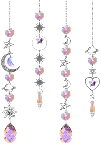 BDSHUNBF 4 Pezzi Acchiappasole Cristallo, Sole Luna Ciondolo Ornamento Sfere, Suncatcher Pendenti, Acchiappa-sole Prisma Arcobaleno, per Casa Giardino Finestra