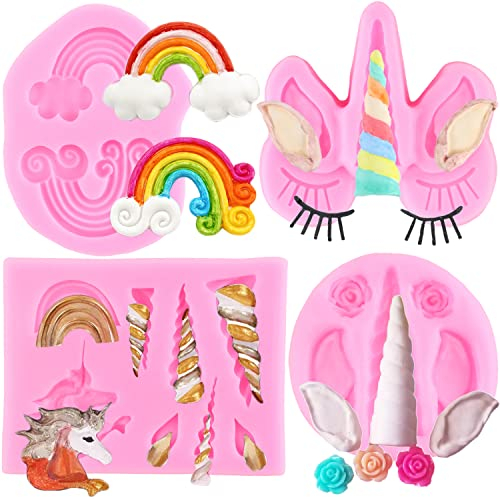 RFGHAC Einhorn Silikonformen Einhorn Horn Ohren Rose Blume Regenbogen Fondant Form für Kuchen Dekorieren Cupcake Topper Schokolade Süßigkeiten Polymer Clay Gummipaste 4 Stück