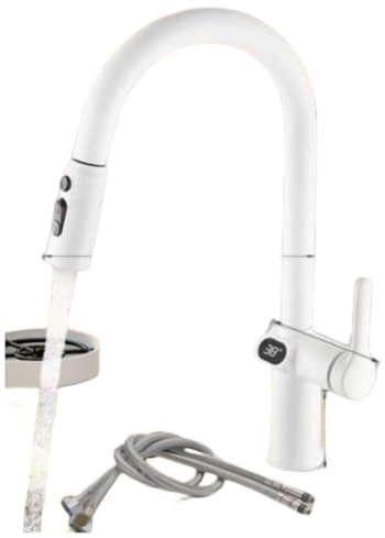 Kitchen Tap with Pull Down Sprayer,High Arc Gooseneck Kitchen Sink Faucet, Single Handle Stainless Steel Mixer Tap (White)