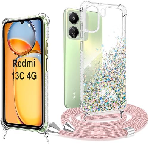 XCYYOO Schutzhülle mit Kordel Redmi 13C 4G, glänzend, Glitzer, Redmi 13C 4G, Handyhülle, transparent, TPU, Silikon, mit verstellbarem Umhängeband, Kette